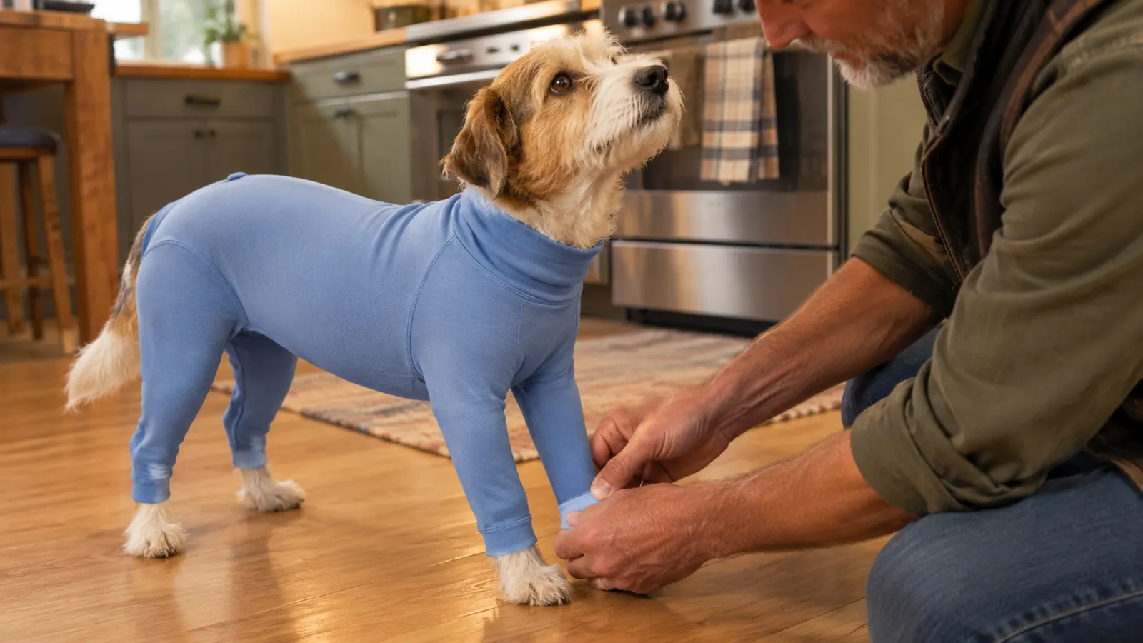 a person adjusting the leg cuff of a full-body onesie on a small dog standing on a kitchen floor