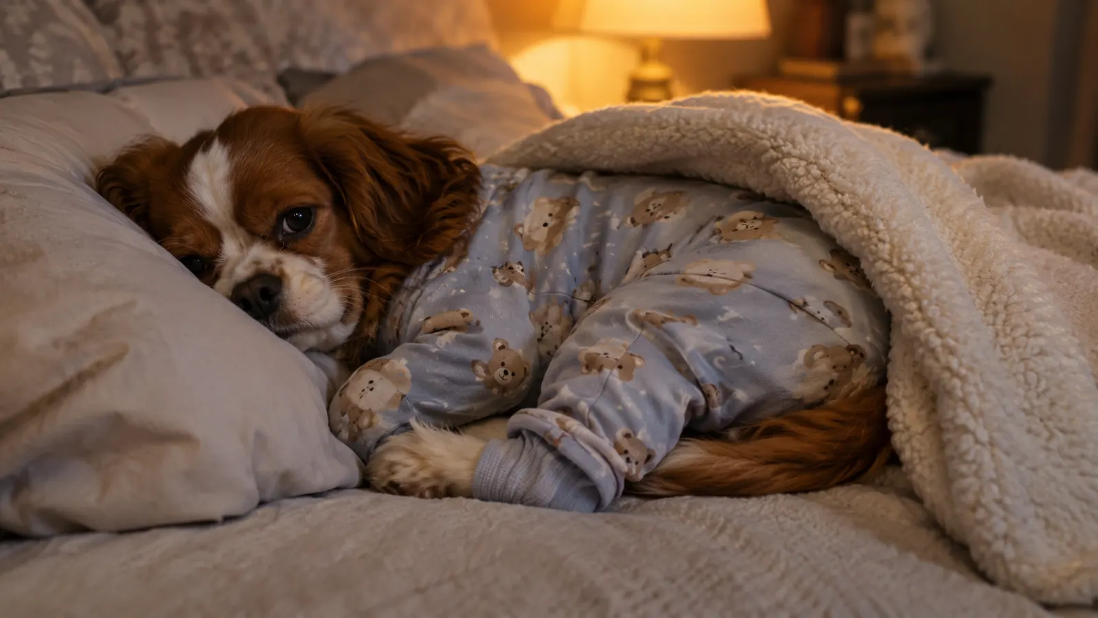 a small dog in a full-body onesie curled under the edge of a blanket on a bed at night