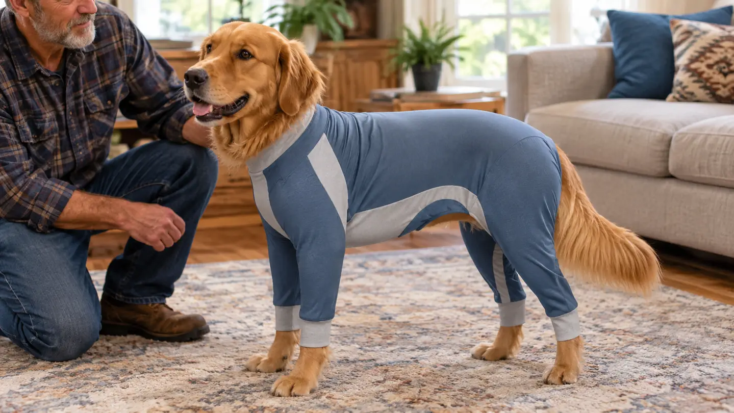 A small dog standing on a living room rug wearing a stretch pajama onesie, relaxed posture, side view
