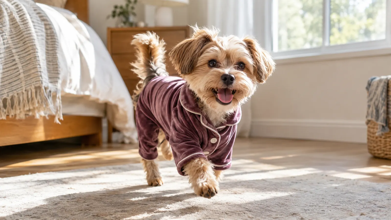 A small dog trotting across a bedroom floor in a soft velvet pajama set, tail up, morning light